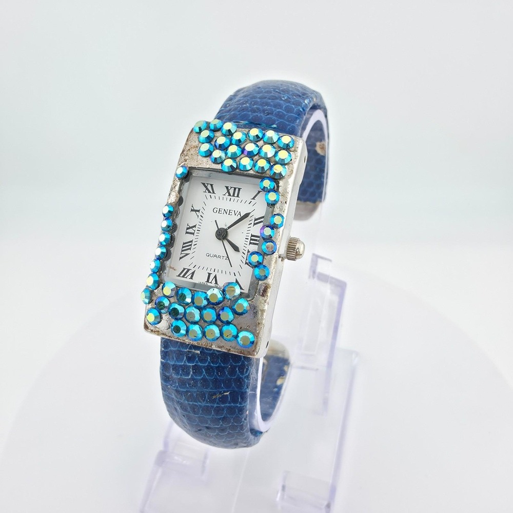 GENEVA Ladies Cuff Watch Aurora Borealis Crystal Blue Faux Snakeskin 5.75"